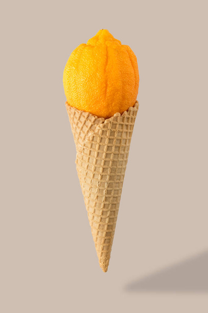 Ice cream cone with bergamot on bright background. Minimal style - Photo, image