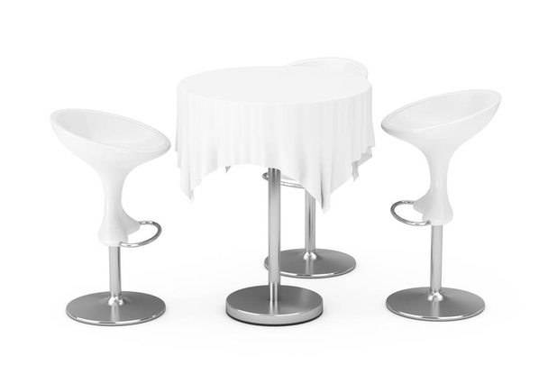 Taburetes de bar modernos blancos con mesa y mantel. Renderizado 3d
 - Foto, Imagen