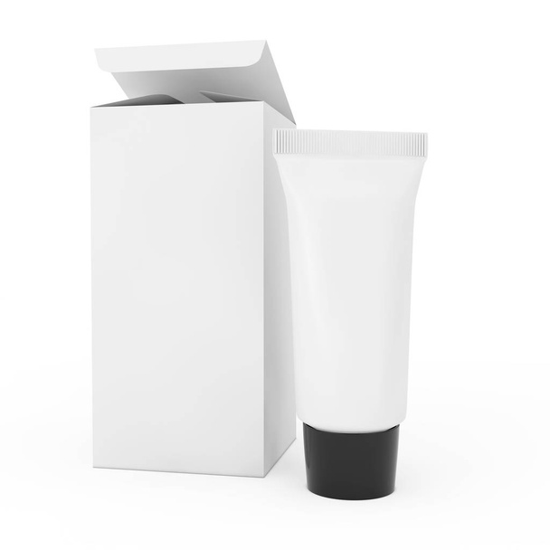 Bílá prázdné kosmetický krém trubice poblíž balíček s Emrty prostoru fo - Fotografie, Obrázek