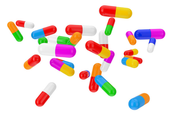 Many Color Health Care Pills Capsules. 3d Rendering - 写真・画像