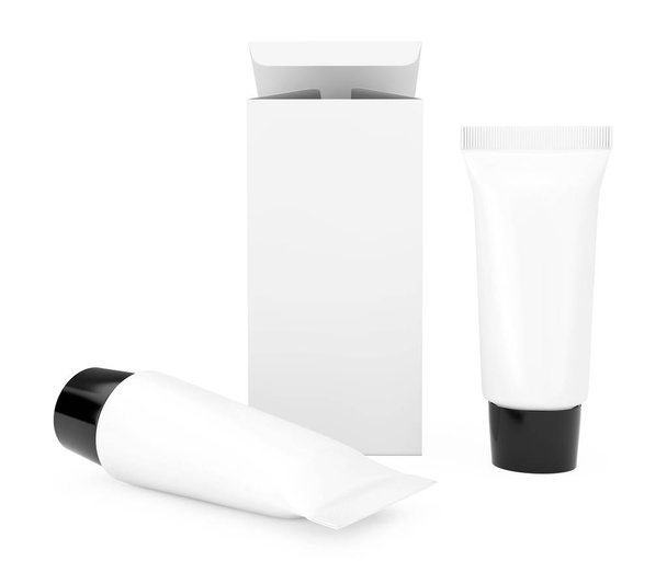 Tubo de crema cosmética blanco en blanco cerca del paquete con Emrty Space fo
 - Foto, Imagen