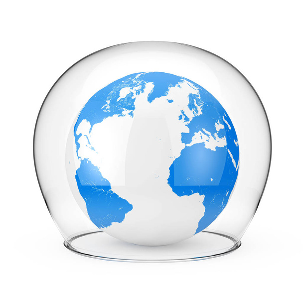 Save the Planet Concept. Earth Globe en Glass Bell Shield. 3d Re
 - Foto, imagen
