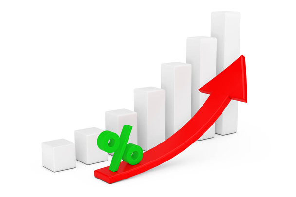 Gráfico de barras de negocio en crecimiento con creciente flecha roja y porcentaje de sig
 - Foto, imagen