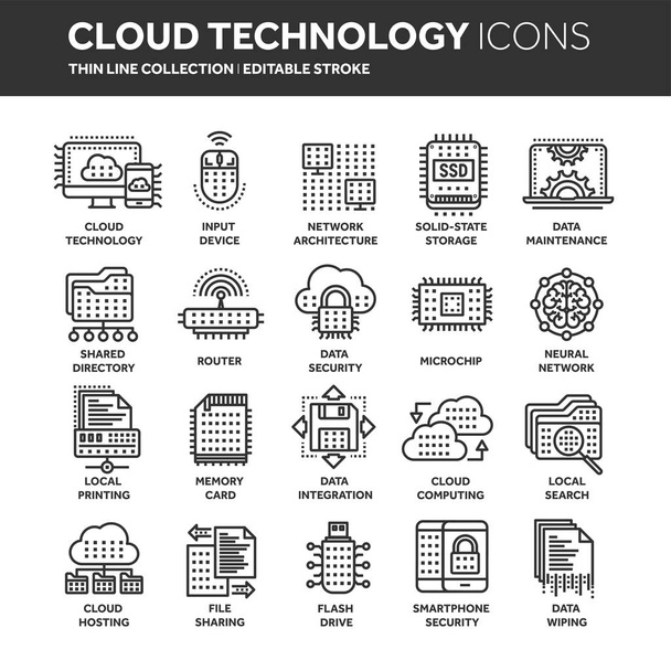 Cloud computing. Internet technology. Online services. Data, information security. Connection. Thin line black web icon set. Outline icons collection.Vector illustration. - Vector, Image