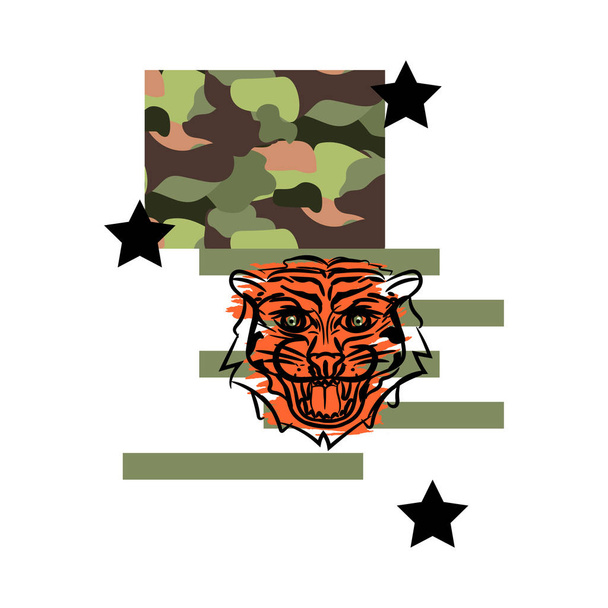 Tiger t shirt design vector illustration on camo background. - Вектор,изображение
