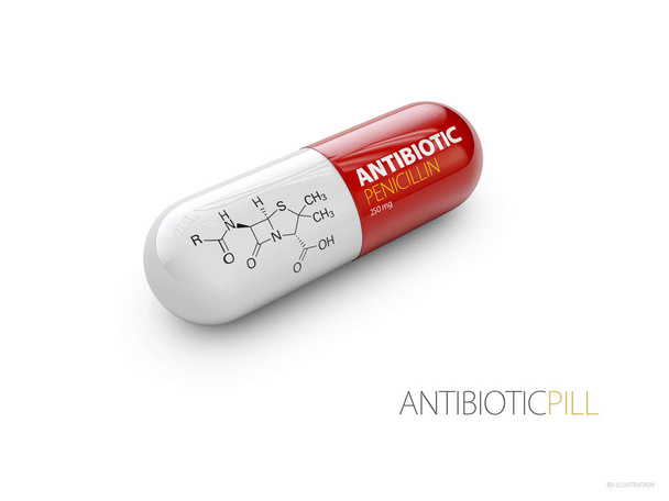 Червоний таблетки пеніцилін, ізольованих білий 3d ілюстрація - Фото, зображення
