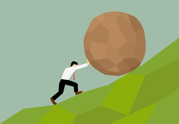 Человек пытается переместить большой каменный шар на вершину холма
 - Вектор,изображение