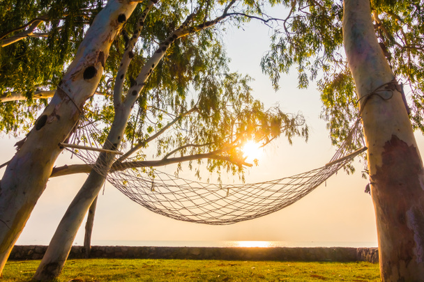 Hammock neary beach and sea on sunrise time - Vacation concept - Photo, Image