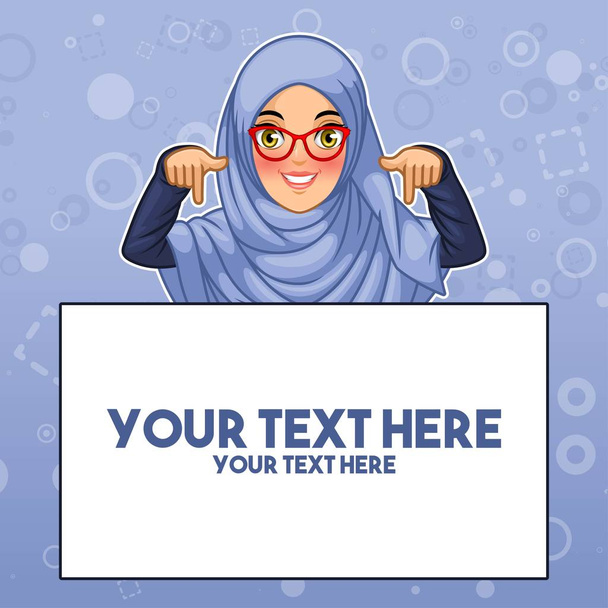 junge muslimische Frau mit Hijab und Brille, die mit dem Finger nach unten auf den Kopierraum zeigt, Zeichentrickfiguren-Design, vor blauem Hintergrund, Vektorillustration. - Vektor, Bild