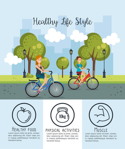 personas en bicicleta con iconos de estilo de vida saludable
 - Vector, Imagen