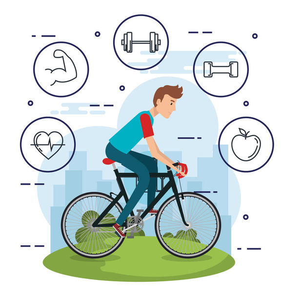 健康的なライフ スタイルのアイコンと自転車の男 - ベクター画像
