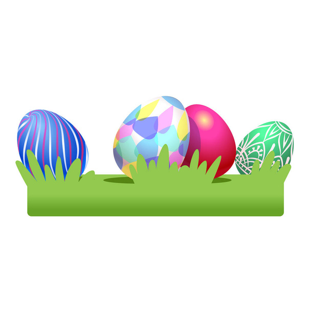 Colored Easter eggs on the grass. Vector illustration isolated on white background. Clipart for the holiday design and cards. - ベクター画像