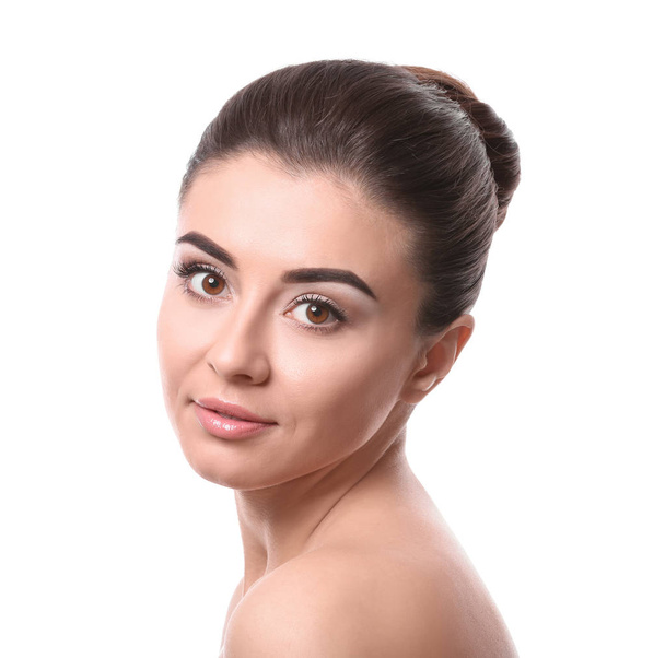 Beautiful young woman with silky skin after spa treatment on white background - Fotó, kép