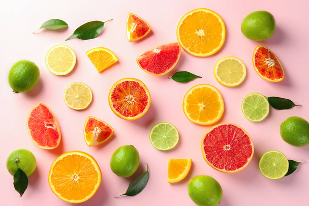 Different cut citrus fruits on color background, top view - Photo, Image