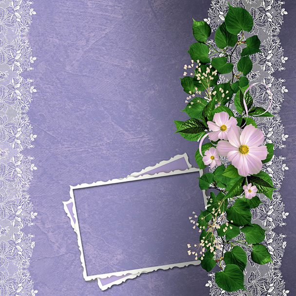 Lavender background with floral border and card - Foto, imagen