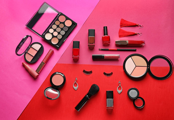 Set of decorative cosmetics and accessories on color background, flat lay - Photo, Image