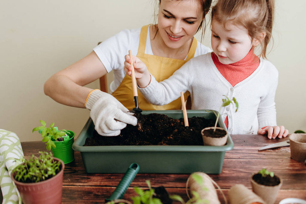 Mother hugging and educating daughter transplanting sprouts with tools - Photo, Image