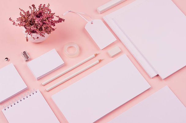 Pastel soft pink stylish working space with dry flowers lavender and blank notepad, letterhead, business card, coffee cup. Template for your design. - Fotó, kép