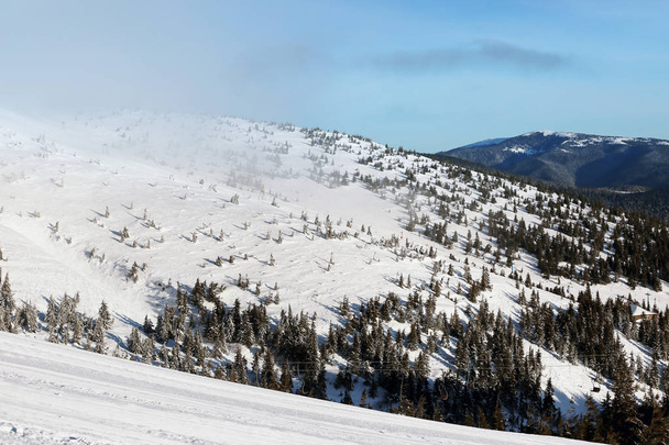 Beautiful snowy mountain resort on winter day - Fotó, kép