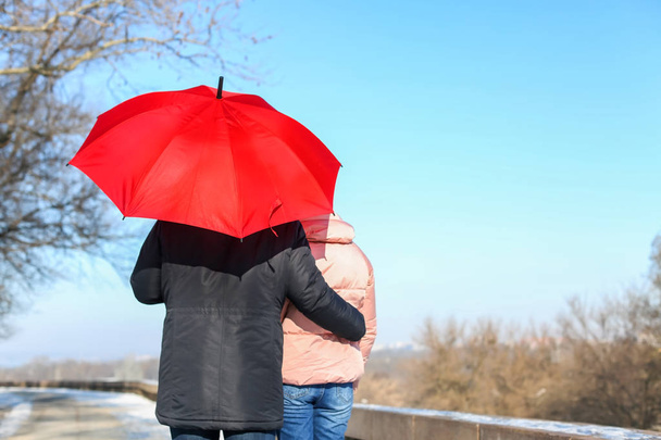 Young romantic couple with bright umbrella walking on sunny winter day - Foto, afbeelding