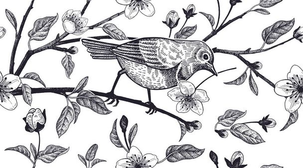 Floral vintage seamless pattern with Japanese cherry and bird. - Wektor, obraz