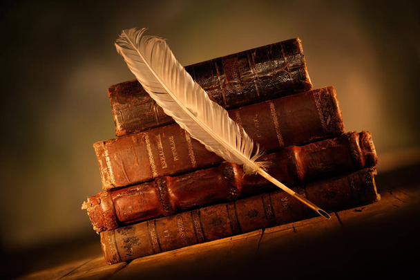 old leather books with quill pen - Photo, Image