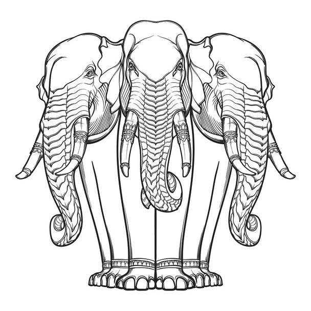 Статуя трёх слонов. Популярный мотив в азиатском ремесле и искусстве. Замысловатый ручной рисунок изолирован на белом фоне. Татуировка
. - Вектор,изображение