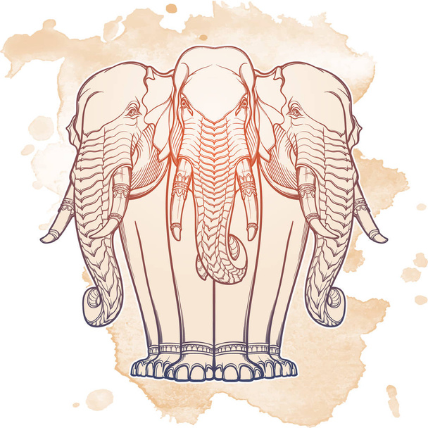 Standbeeld van drie olifanten. Populaire motiff in Aziatische kunsten en ambachten. Ingewikkelde hand tekening geïsoleerd op een witte achtergrond. Tattoo ontwerp. - Vector, afbeelding