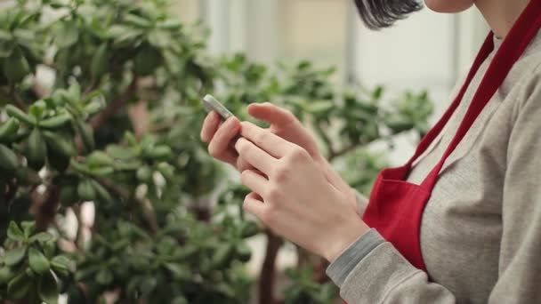Female hands with smartphone chatting online in greenhouse. - Video, Çekim