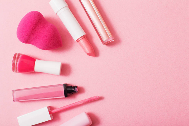 female pink cosmetics, top view - Foto, immagini