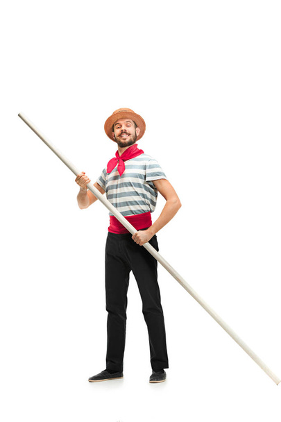 Caucasian man in traditional gondolier costume and hat - Fotoğraf, Görsel