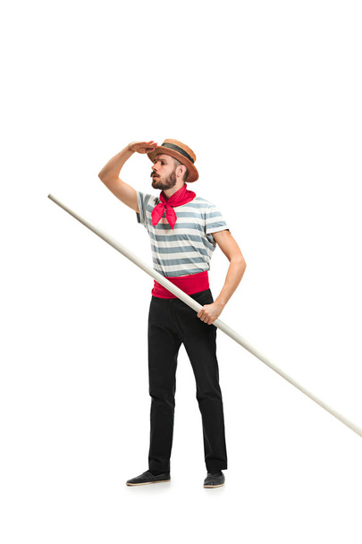 Caucasian man in traditional gondolier costume and hat - 写真・画像