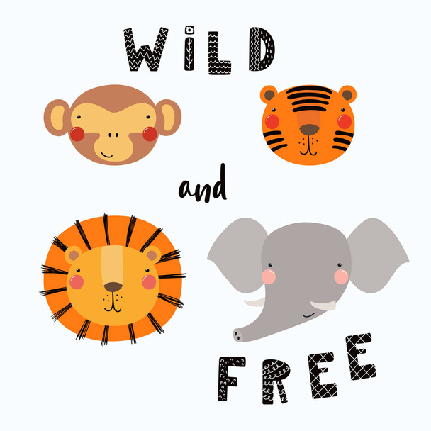 Set of funny animals faces with words Wild and free - Vector, Image