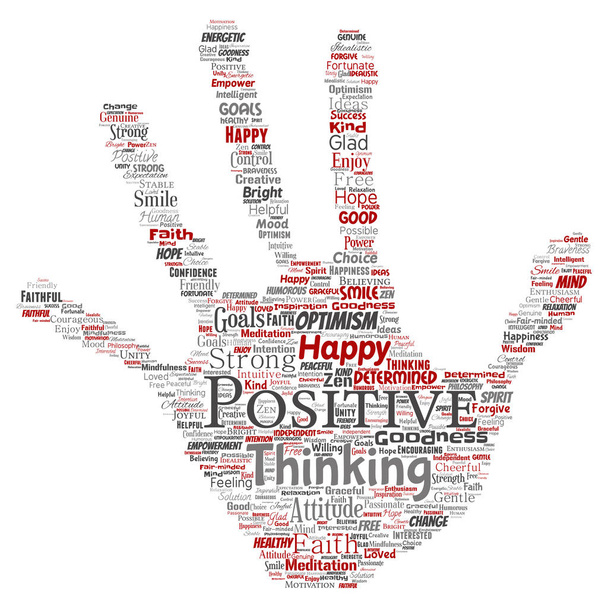 Vektor koncepční pozitivní myšlení, šťastná ruka silný postoj tisknout razítko slovo mrak izolované na pozadí. Koláž úsměv optimismu, víry, odvážné cíle, dobro a štěstí inspirace - Vektor, obrázek