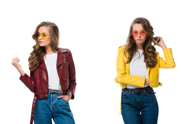 attractive stylish twins in trendy leather jackets and sunglasses isolated on white - Photo, Image