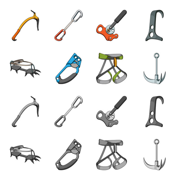 Hook, mountaineer harness, insurance and other equipment.Mountaineering set collection icons in cartoon,monochrome style vector symbol stock illustration web. - Вектор, зображення
