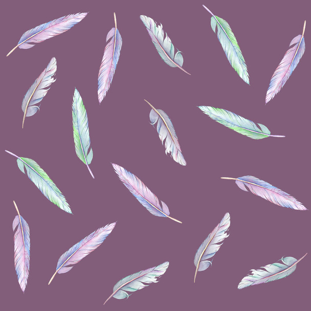 Seamless pattern with colorful feathers watercolor illustration on a dark background - Foto, Imagem