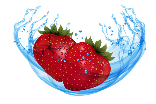 Verse rijpe aardbeien met water splash geïsoleerd op een witte achtergrond. Vector - Vector, afbeelding
