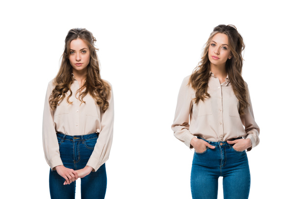 twins in trendy shirts and jeans looking at camera isolated on white - Foto, afbeelding
