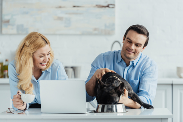 Sonriente pareja alimentando a su perro frenchie en la mesa de la cocina con el ordenador portátil
 - Foto, Imagen