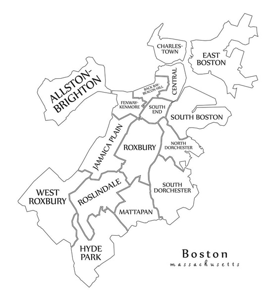Сучасні на мапі України-Бостоні, штат Массачусетс місто США з районів і назви структури карта - Вектор, зображення