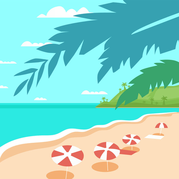 Oceano tropicale spiaggia isola Palm Tree vacanze estive concetto piatto - Vettoriali, immagini