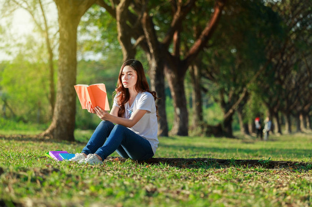 woman sitting and reading a book in the park - Photo, image