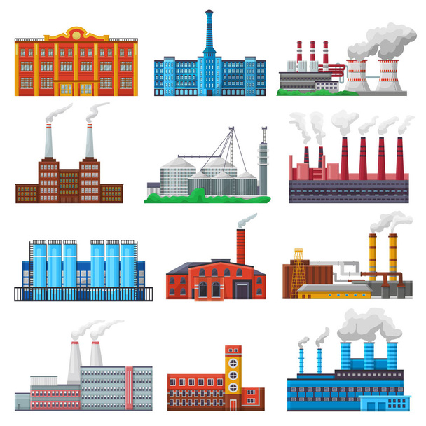 Tovární vektorové průmyslových budov a průmyslu nebo vyrábějí sadou engineering moc ilustrace výrobní stavby produkující energii nebo elektřinu izolovaných na bílém pozadí - Vektor, obrázek
