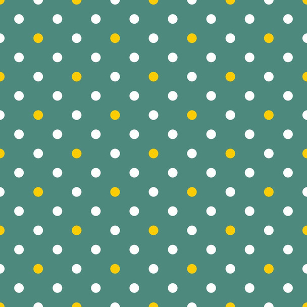 Tile vector pattern with white and yellow polka dots on green background - Vector, Image