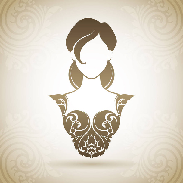 Vintage ornamental girl in elegant dress. Decorative bride icon on a background with pattern. - Διάνυσμα, εικόνα