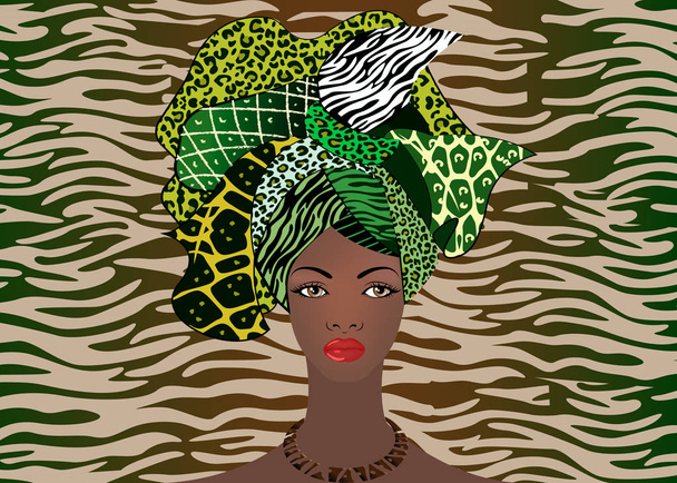 Portret van de jonge Afrikaanse vrouw in een kleurrijke tulband. Wrap Afro fashion, Ankara, Kente, Huss, Afrikaanse vrouwen jurken. Nigeriaanse stijl, Ghanees mode. Vector met dierlijke zebra textuur achtergrond  - Vector, afbeelding