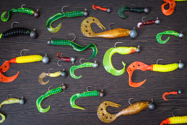 Silicone lures. Twisters on a black background - Fotografie, Obrázek