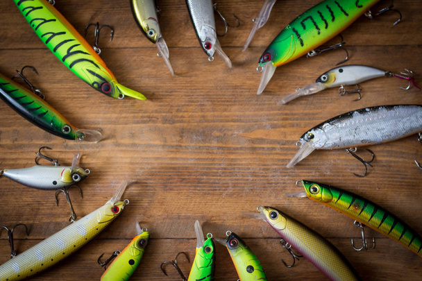 Artificial lure. Wobblers on wooden background - Valokuva, kuva