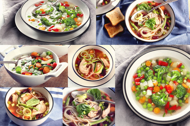 Collage de diferentes sopas. Minestrone, pollo, verduras, fideos
. - Foto, Imagen